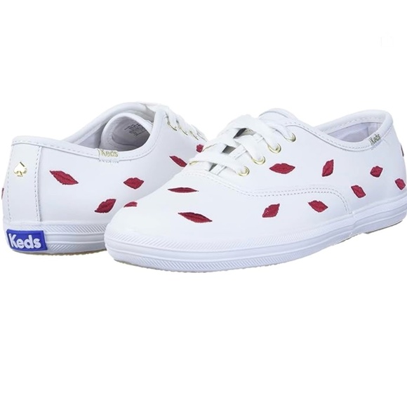 Keds Kate Spade Champion Embroidered Lips White Leather Lace Up Fashion Sneakers - Picture 2 of 14